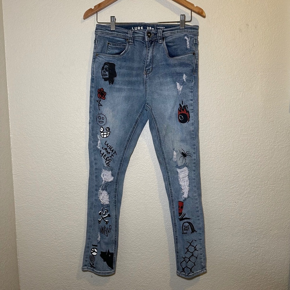 Lure Women 28W Graphic Jeans Tapered Skinny Blue Denim High Rise Punk Grunge Y2K